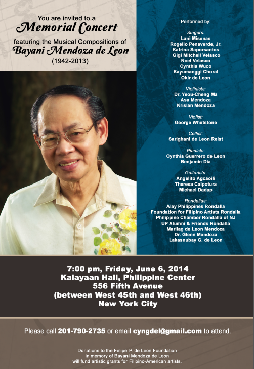 Memorial Concert: Bayani Mendoza de Leon – Philippine Center New York
